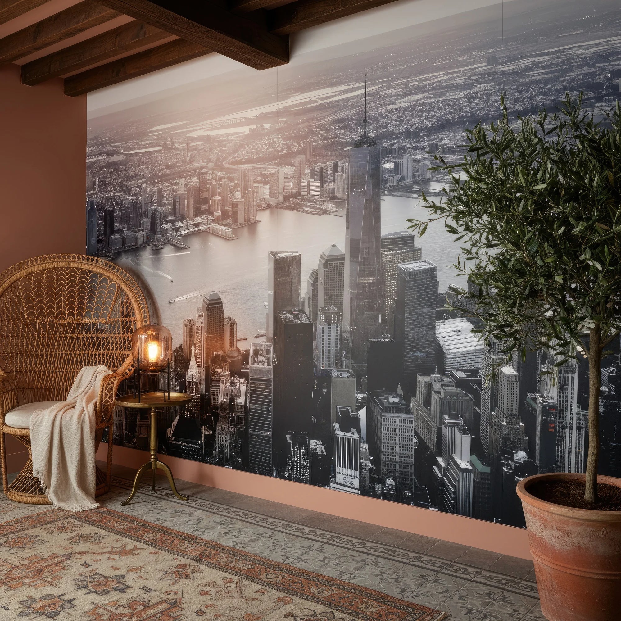 Island Of Dreams cityscape wallpaper mural installed in modern living room with peacock chair