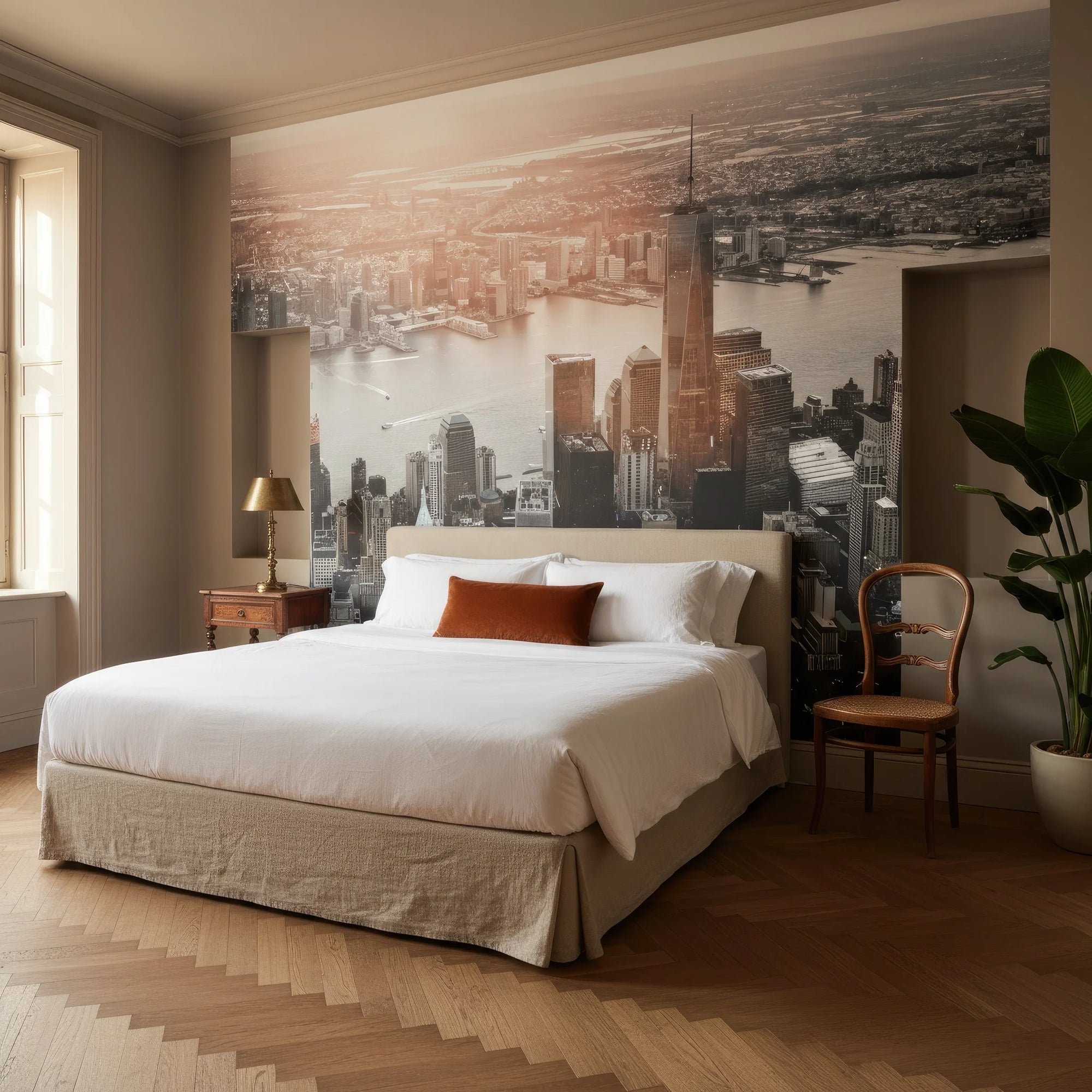 Sepia-toned cityscape Island Of Dreams wallpaper mural in elegant bedroom setting