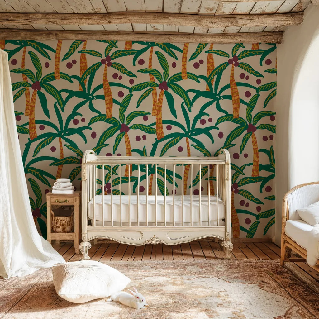 Tropical botanical wall covering featuring muted beige palm fronds on a flat cream background. - Island Rhythms