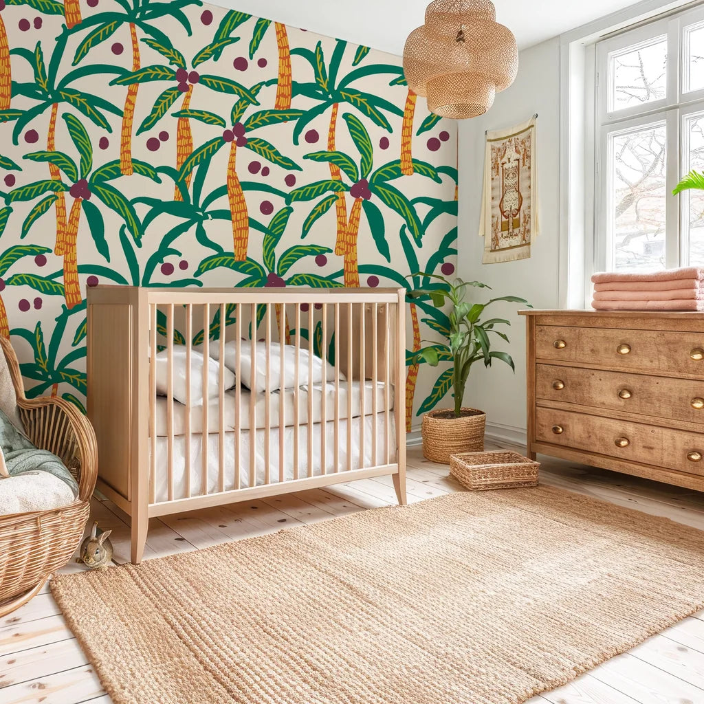 Easy-apply matte wallpaper displaying a sophisticated cream-on-cream palm tree silhouette design. - Island Rhythms