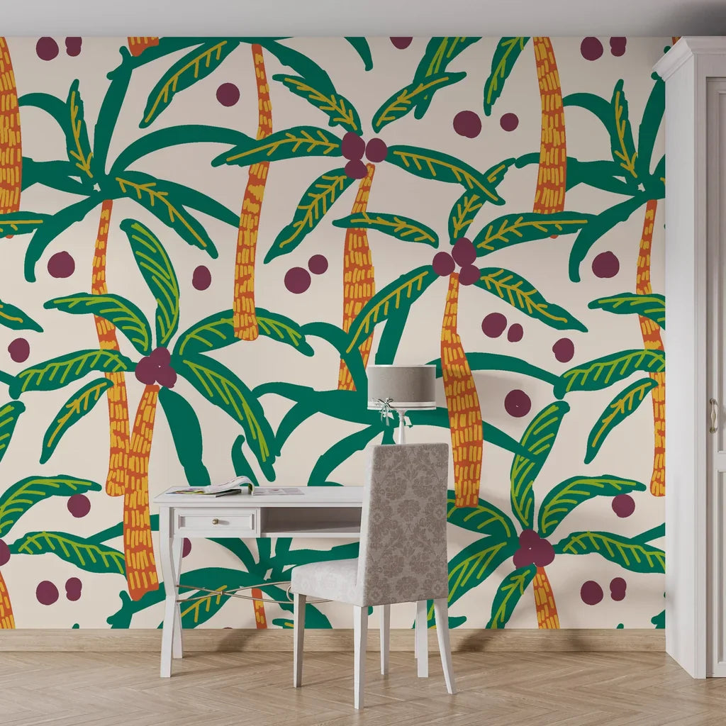 Neutral-toned palm leaf wallpaper with a non-reflective cream finish and self-adhesive backing. - Island Rhythms