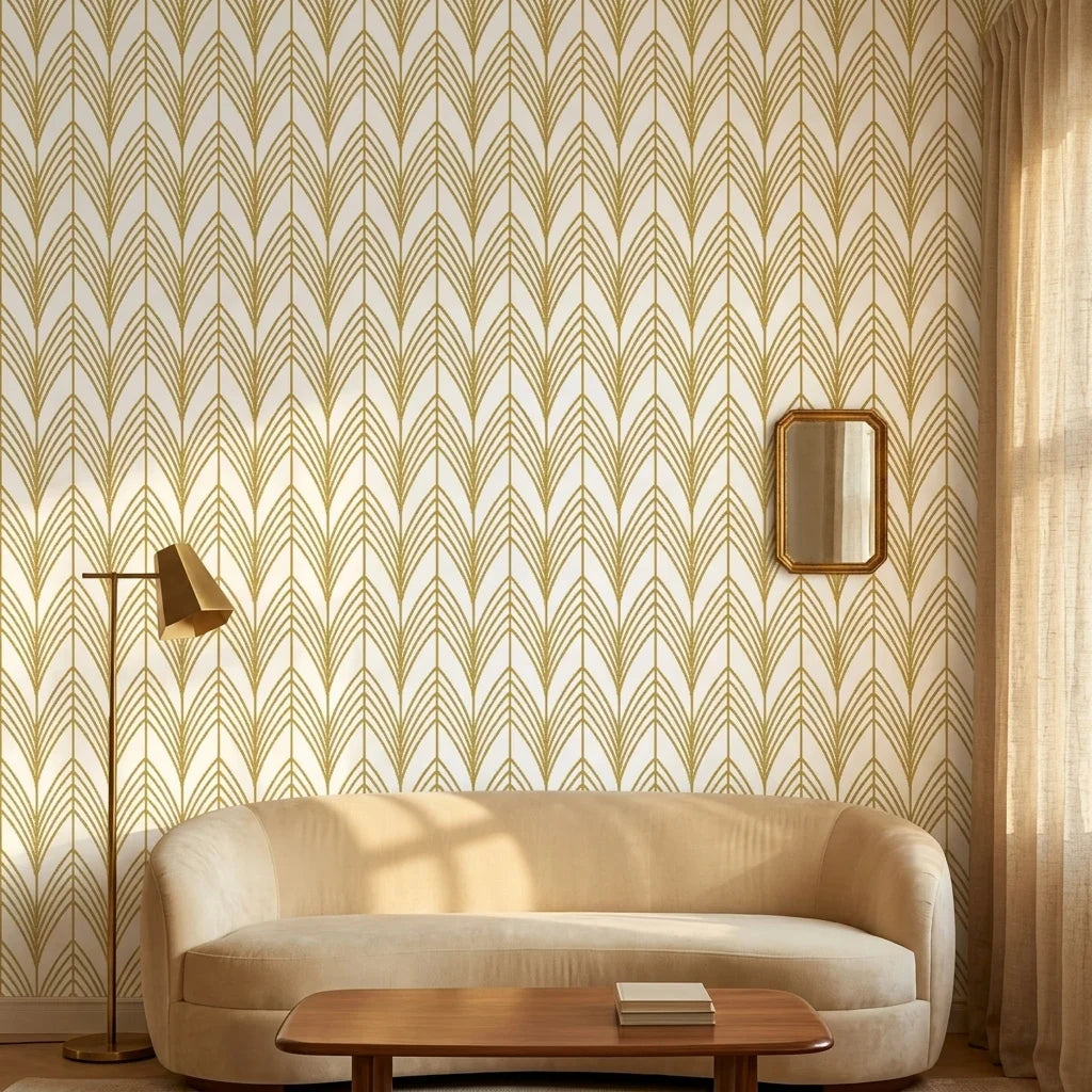 Ivory Leaf white and gold art deco leaf wallpaper creating ambiance in a serene bathroom