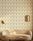Ivory Leaf white and gold art deco leaf wallpaper creating ambiance in a serene bathroom