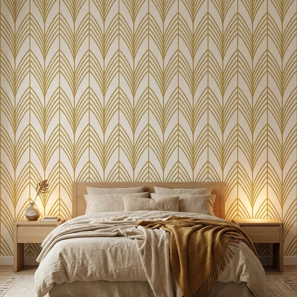 Ivory Leaf white and gold art deco leaf wallpaper in a warm and inviting living room