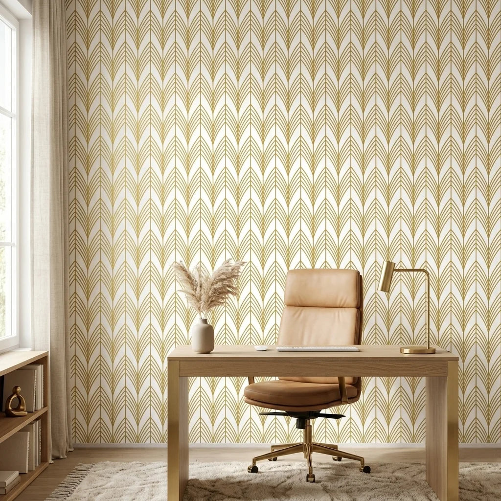 Ivory Leaf white and gold art deco leaf wallpaper adding character to a cozy bedroom