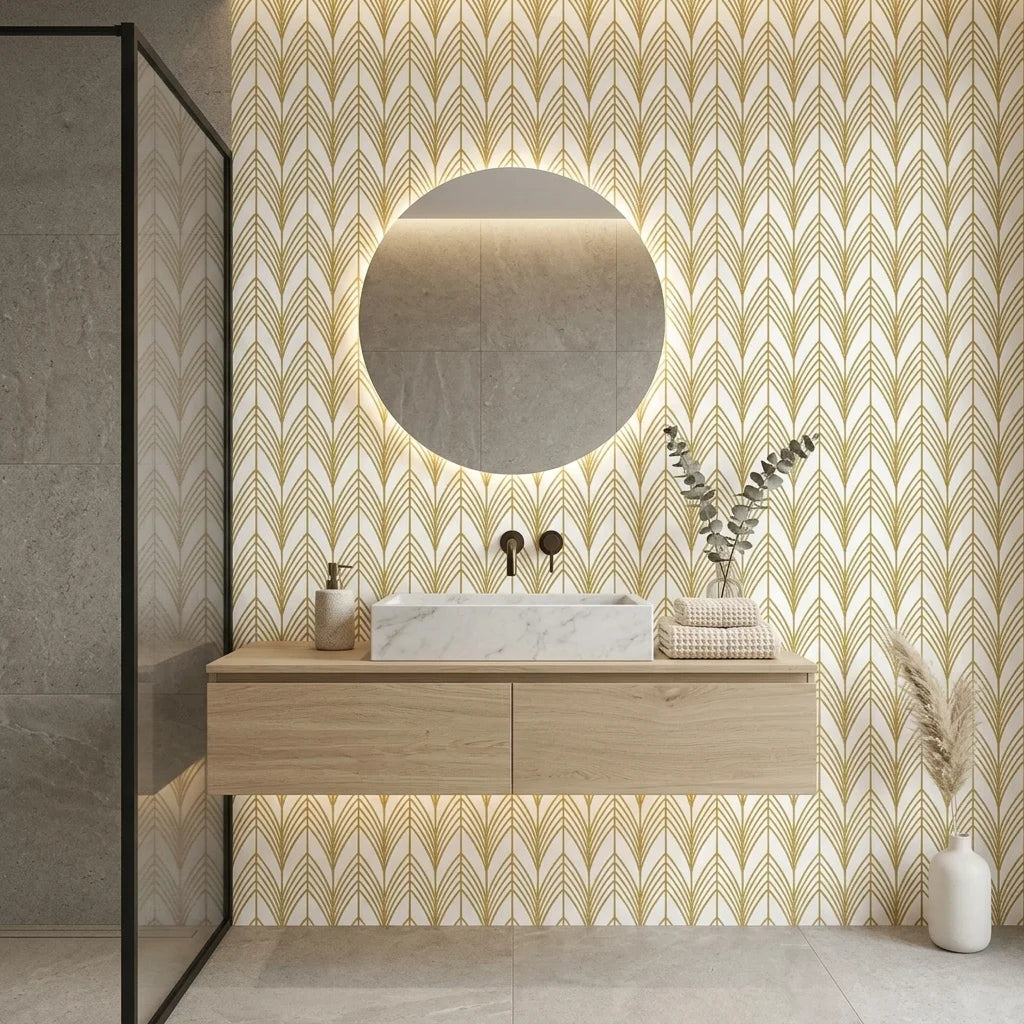 Ivory Leaf white and gold art deco leaf wallpaper as a feature wall in a bright home office