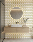 Ivory Leaf white and gold art deco leaf wallpaper as a feature wall in a bright home office