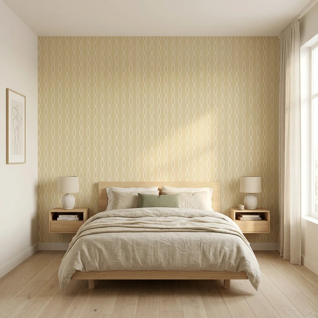 Ivory Plait tan woven wave adding character to a cozy bedroom