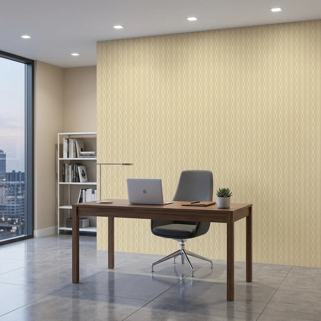 Ivory Plait tan woven wave as a feature wall in a bright home office