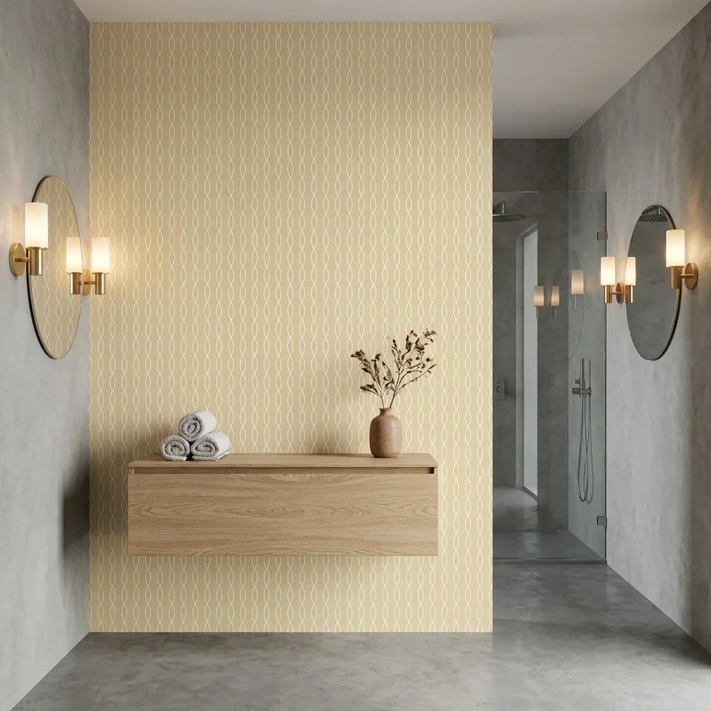 Ivory Plait tan woven wave creating ambiance in a serene bathroom