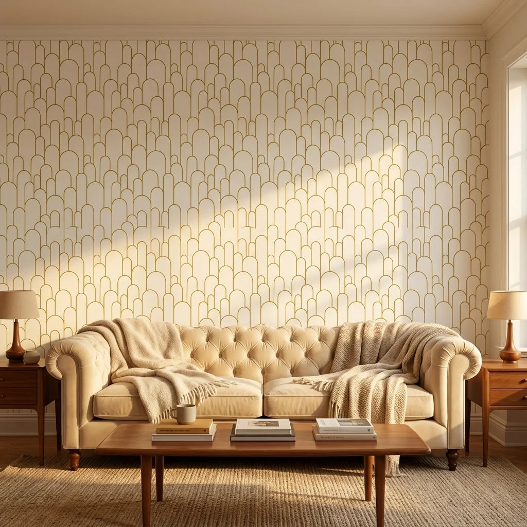 Ivory Promenade elegant gold art deco arch wallpaper creating ambiance in a serene bathroom