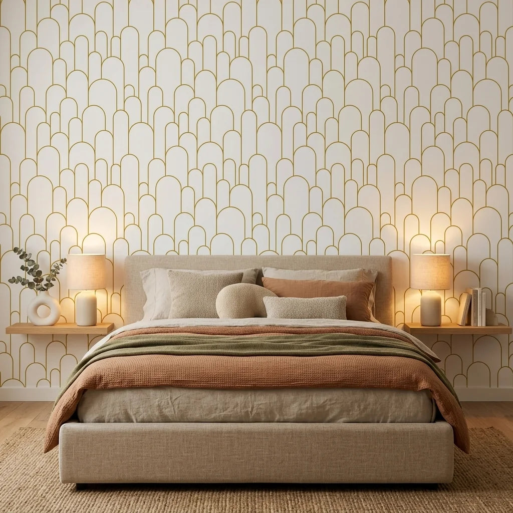 Ivory Promenade elegant gold art deco arch wallpaper in a warm and inviting living room