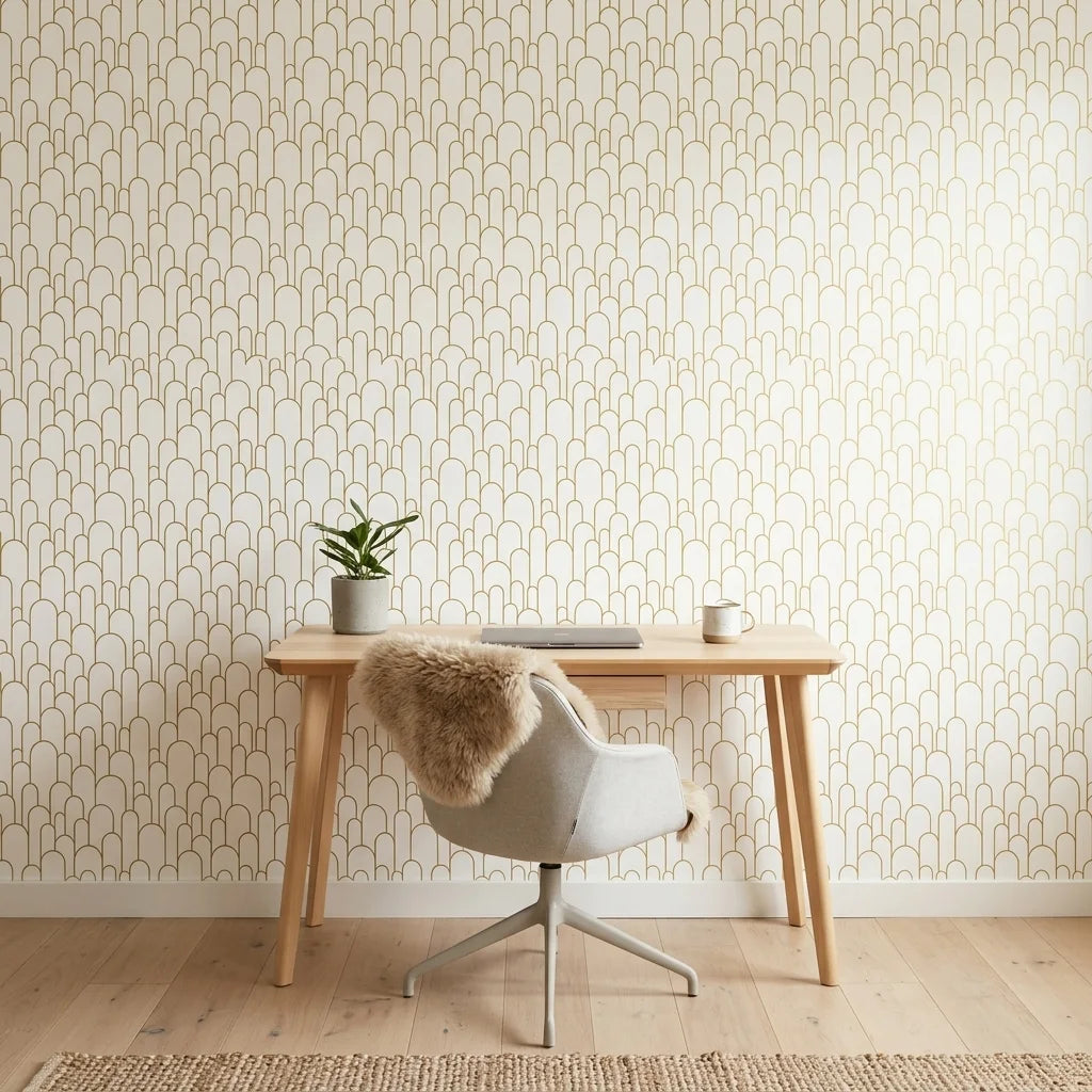 Ivory Promenade elegant gold art deco arch wallpaper adding character to a cozy bedroom