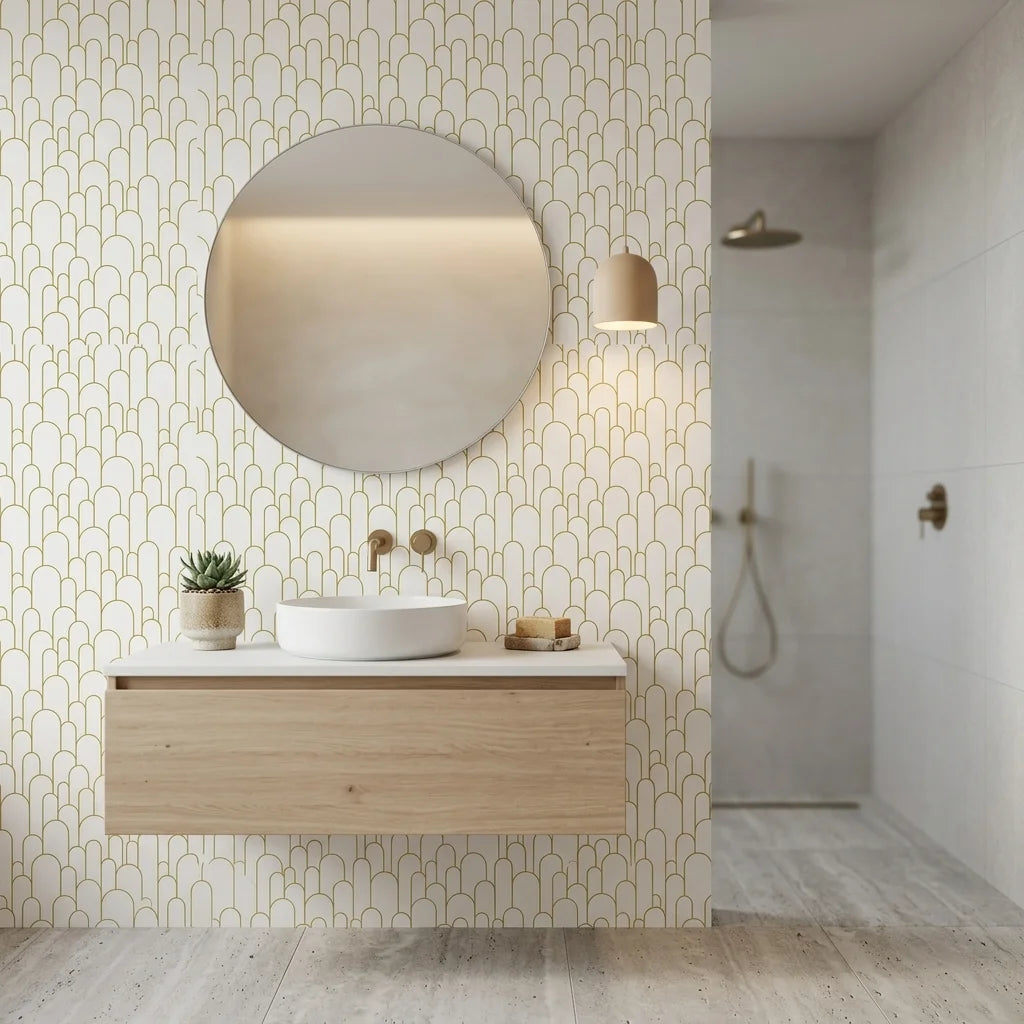 Ivory Promenade elegant gold art deco arch wallpaper as a feature wall in a bright home office