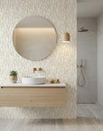 Ivory Promenade elegant gold art deco arch wallpaper as a feature wall in a bright home office
