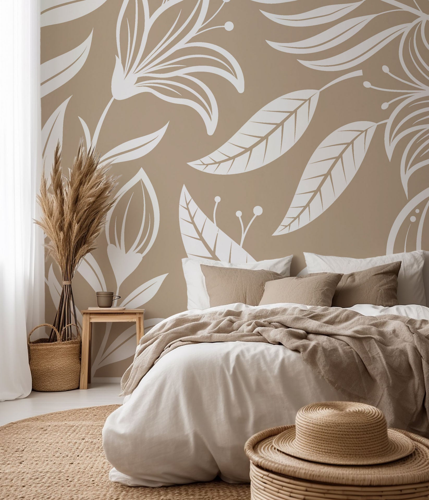 Peel and stick wallpaper featuring an elegant, silhouetted floral design in beige and white tones