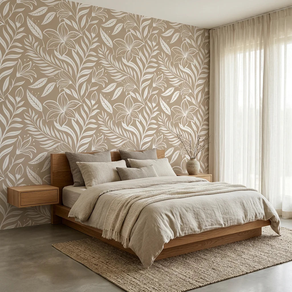 Ivory Tapestry beige and white floral silhouette wallpaper adding character to a cozy bedroom