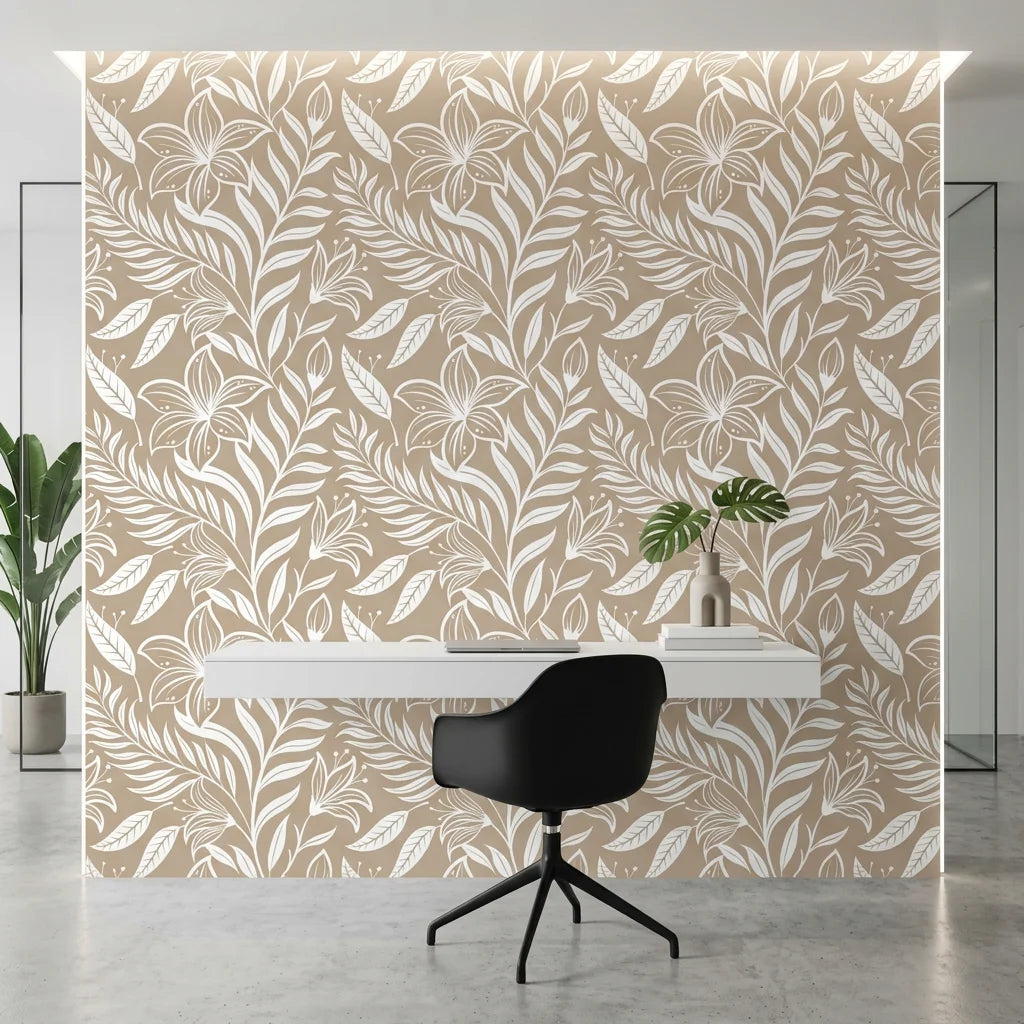 Ivory Tapestry beige and white floral silhouette wallpaper as a feature wall in a bright home office