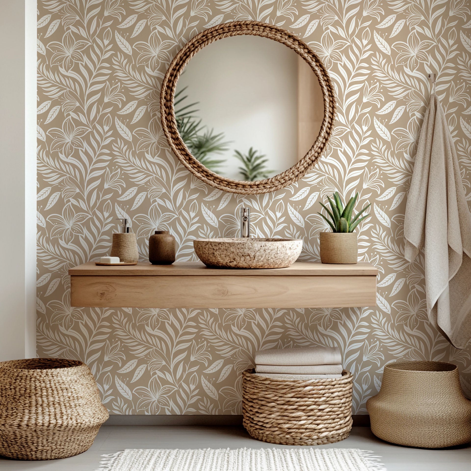 Peel and stick wallpaper featuring an elegant silhouette of beige and white flowers, named 'Ivory Tapestry'