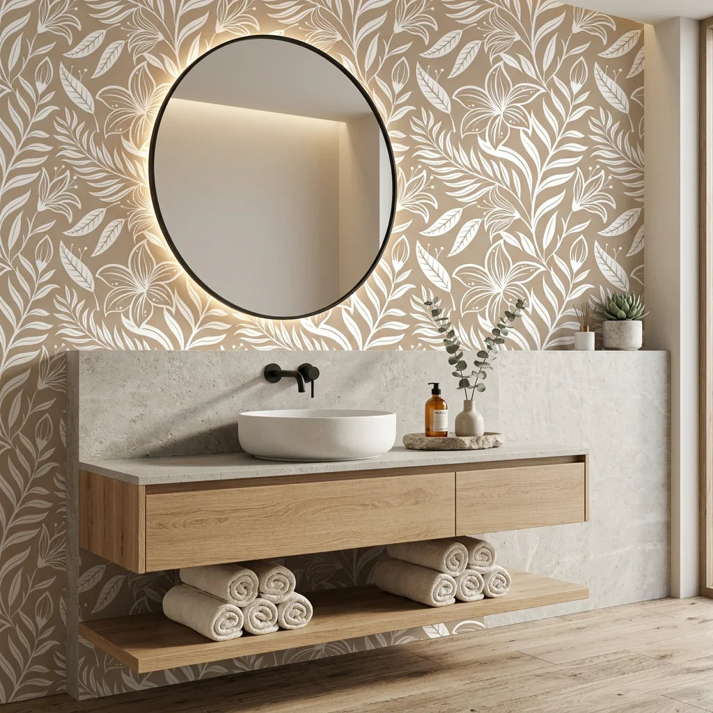 Ivory Tapestry beige and white floral silhouette wallpaper creating ambiance in a serene bathroom