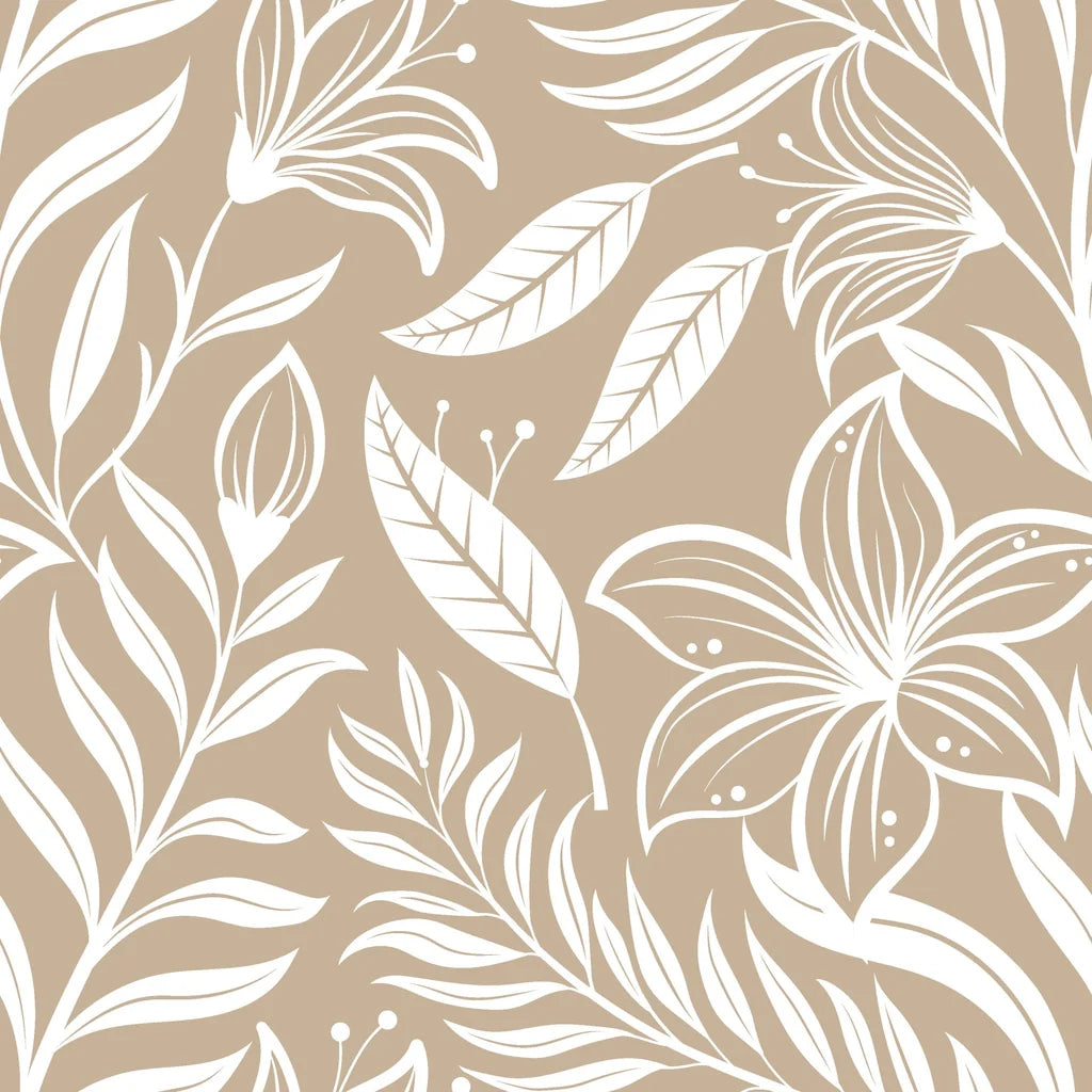 A sophisticated self-adhesive wall covering featuring a beige and white outlined botanical pattern, named Ivory Tapestry