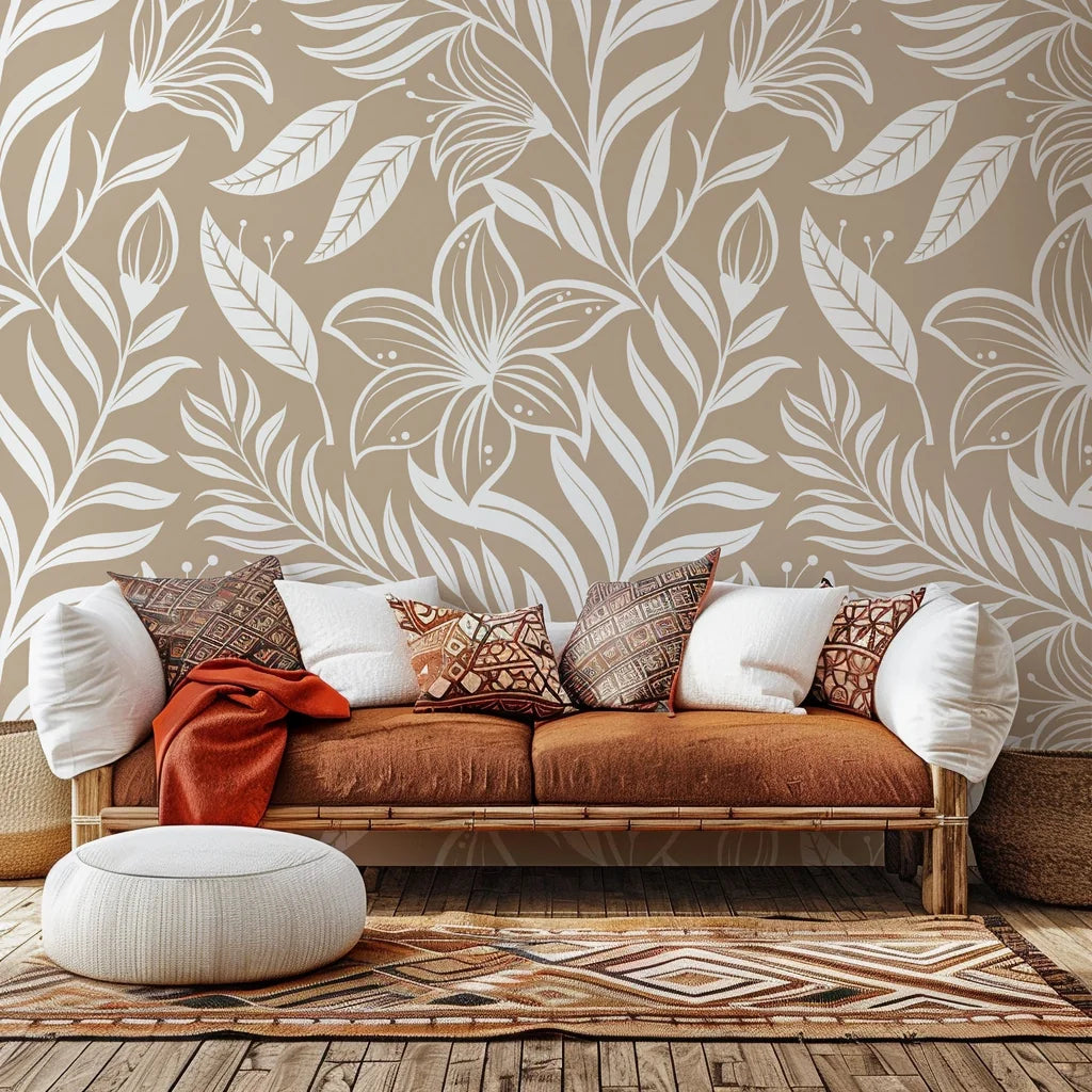 Self-adhesive wallpaper featuring a beige and white elegant floral silhouette, known as Ivory Tapestry