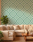 Jade Current green abstract peel and stick wallpaper in a warm and inviting living room