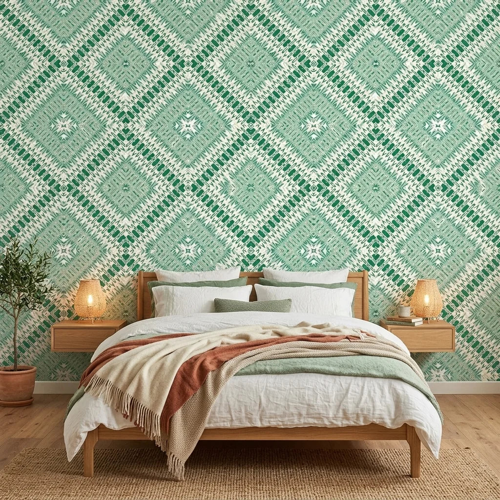 Jade Current green abstract peel and stick wallpaper adding character to a cozy bedroom