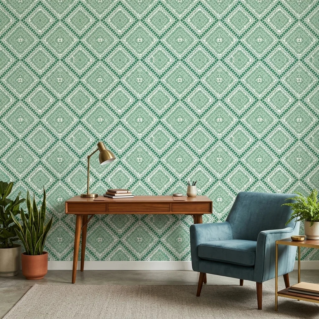 Jade Current green abstract peel and stick wallpaper as a feature wall in a bright home office