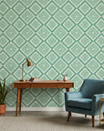 Jade Current green abstract peel and stick wallpaper as a feature wall in a bright home office