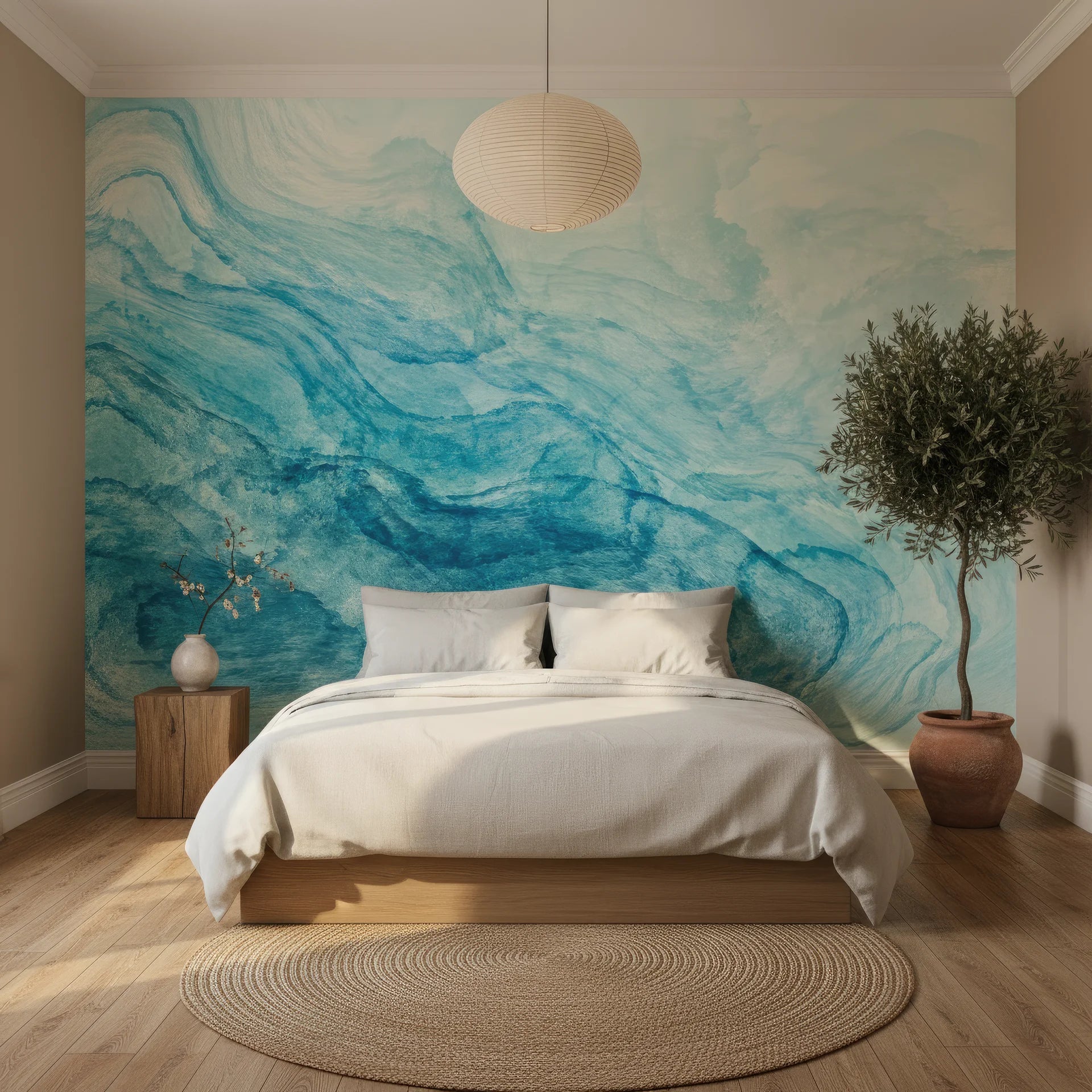 Soft jade green peel and stick wallpaper with watercolor effect