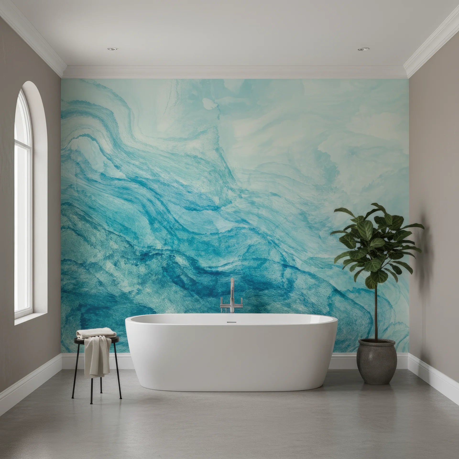 Calming removable wallpaper in teal and green watercolor washes