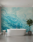 Calming removable wallpaper in teal and green watercolor washes