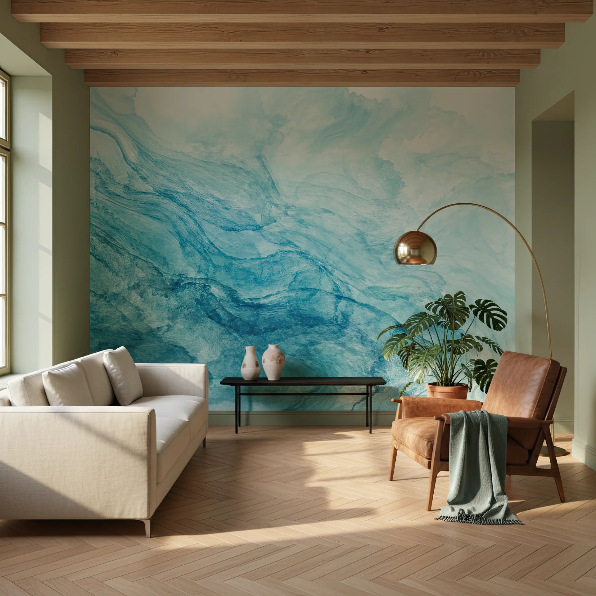 Serene flowing wallpaper featuring soft green color gradient