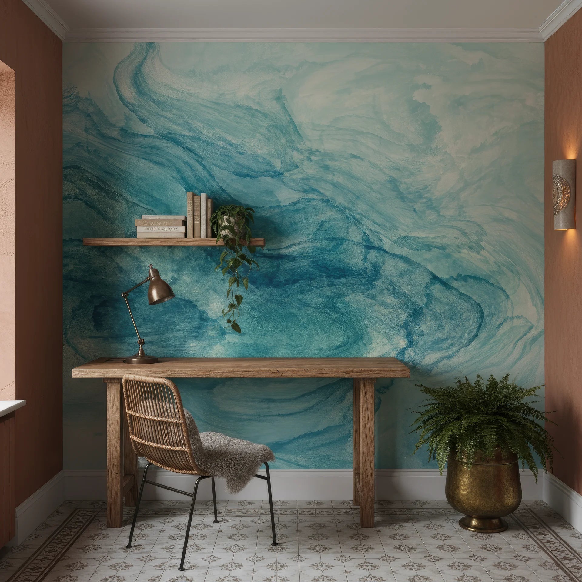 Jade tone watercolor wallpaper sample with organic movement