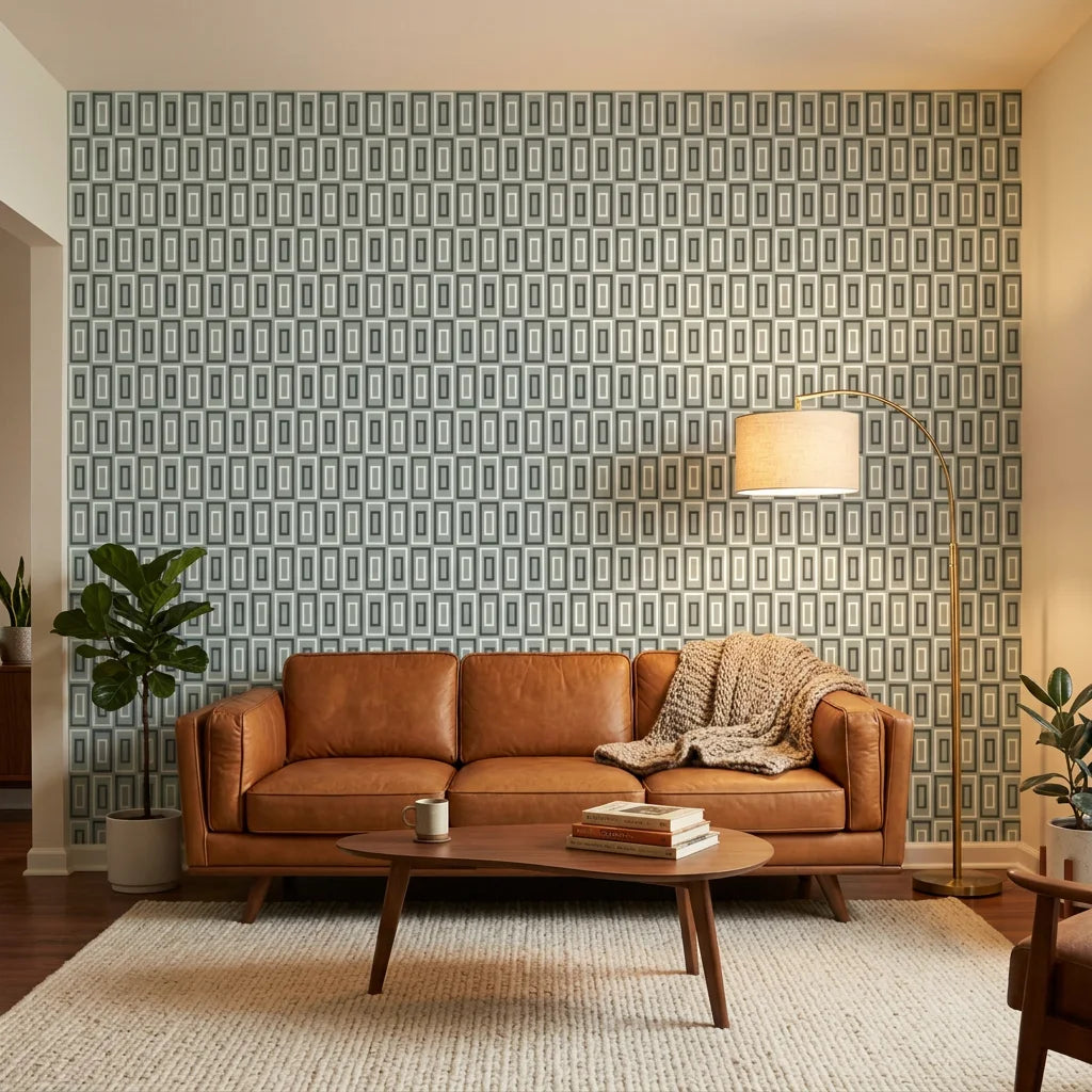 Jade Frames sage geometric rectangle in a warm and inviting living room