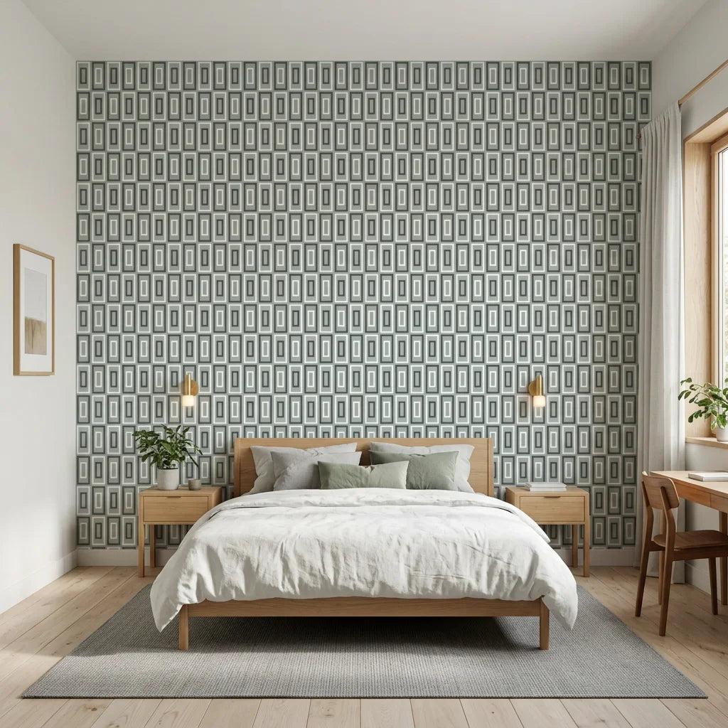 Jade Frames sage geometric rectangle adding character to a cozy bedroom