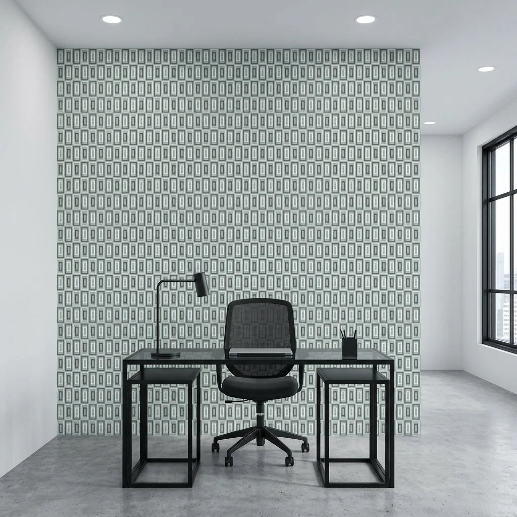 Jade Frames sage geometric rectangle as a feature wall in a bright home office