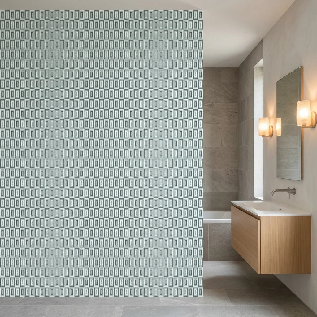 Jade Frames sage geometric rectangle creating ambiance in a serene bathroom