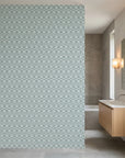 Jade Frames sage geometric rectangle creating ambiance in a serene bathroom