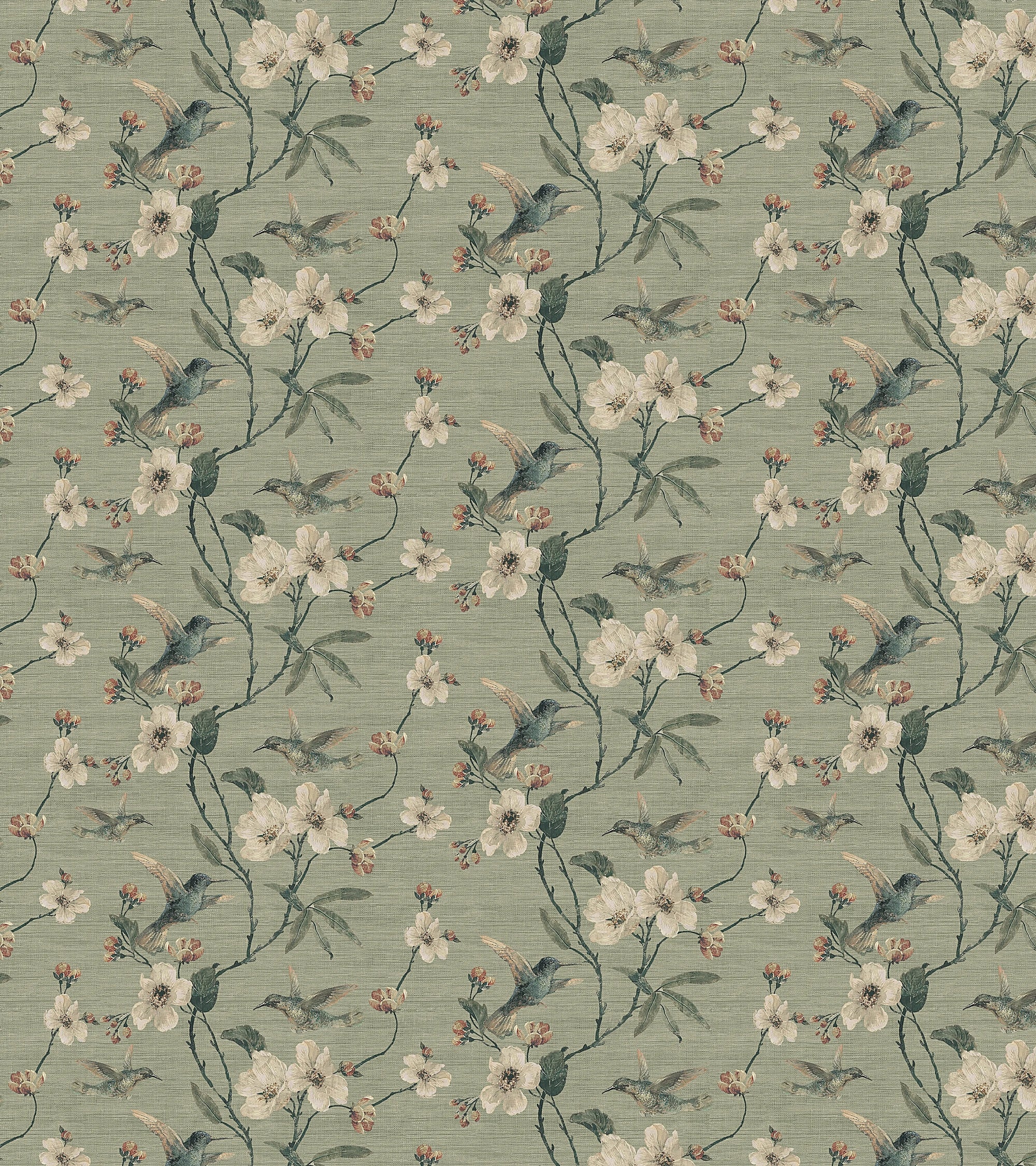 Canvas-like peel and stick wallpaper with hummingbirds and florals - Jade Reverie