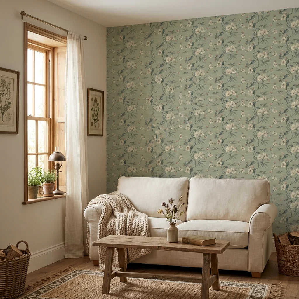 Jade Reverie elegant green hummingbird floral wallpaper in a warm and inviting living room