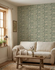 Jade Reverie elegant green hummingbird floral wallpaper in a warm and inviting living room