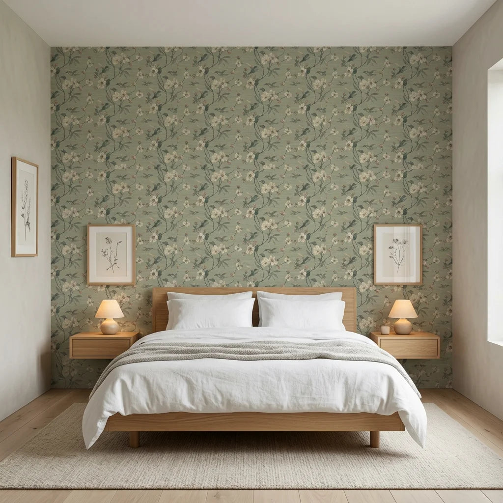 Jade Reverie elegant green hummingbird floral wallpaper adding character to a cozy bedroom