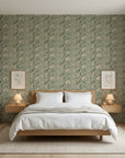 Jade Reverie elegant green hummingbird floral wallpaper adding character to a cozy bedroom