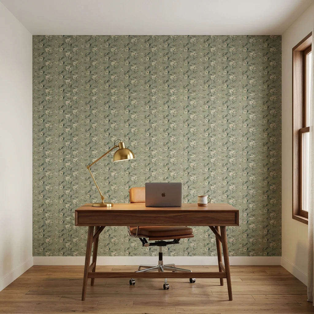 Jade Reverie elegant green hummingbird floral wallpaper as a feature wall in a bright home office