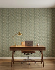 Jade Reverie elegant green hummingbird floral wallpaper as a feature wall in a bright home office