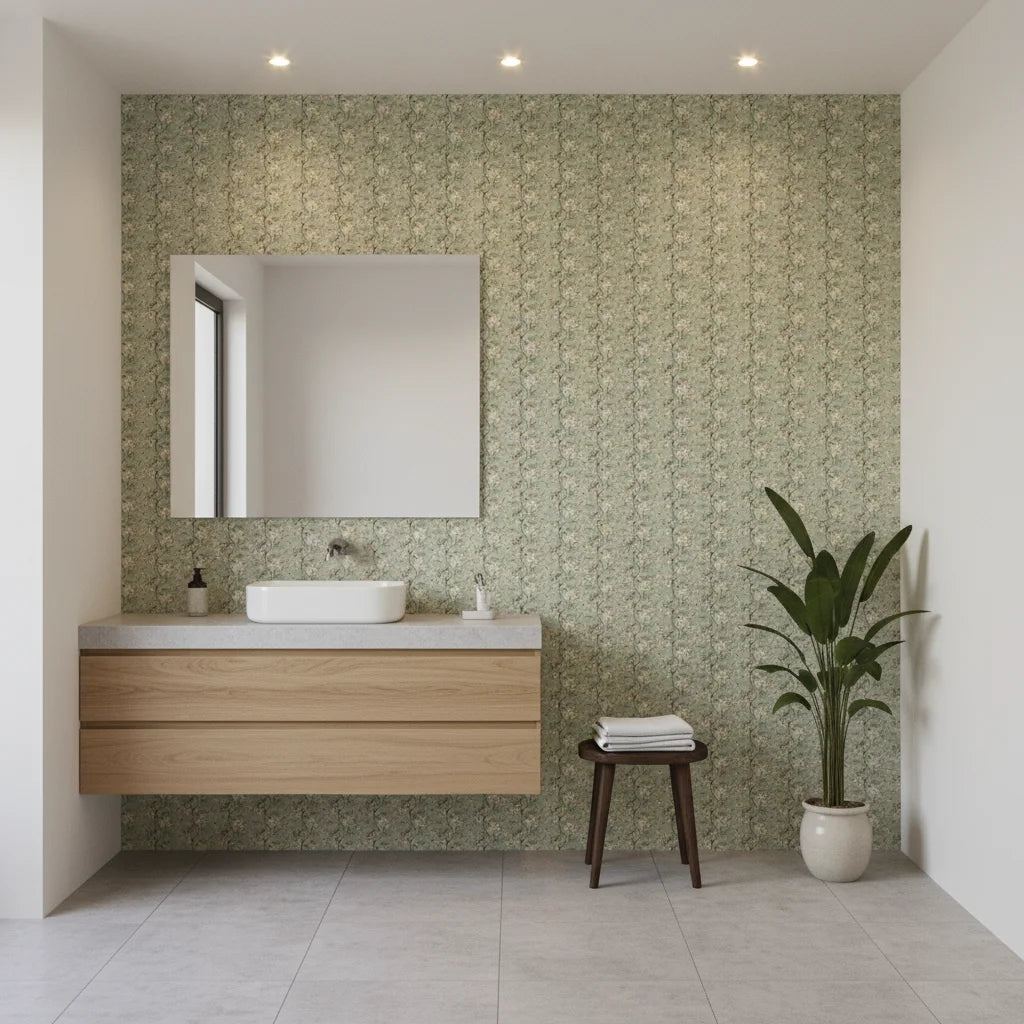 Jade Reverie elegant green hummingbird floral wallpaper creating ambiance in a serene bathroom
