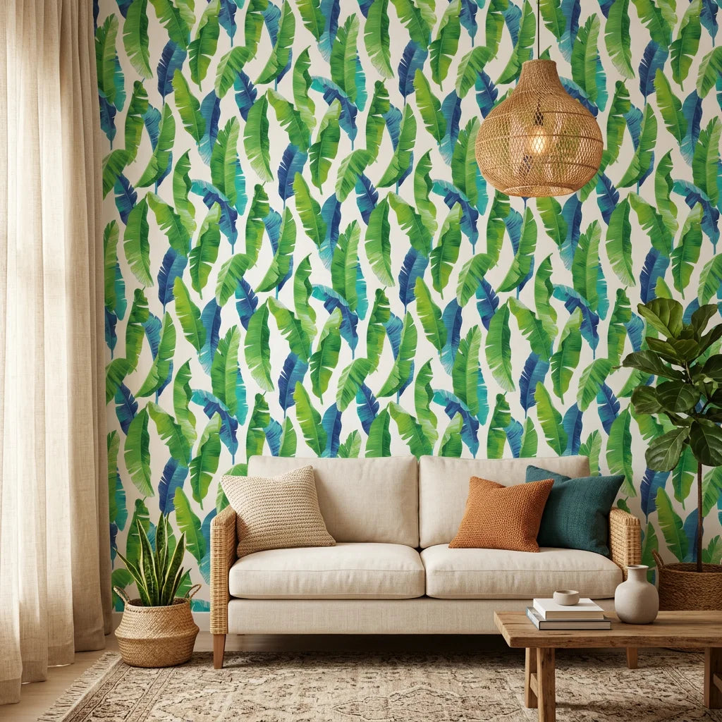 Jade Surge vibrant green banana leaf in a warm and inviting living room