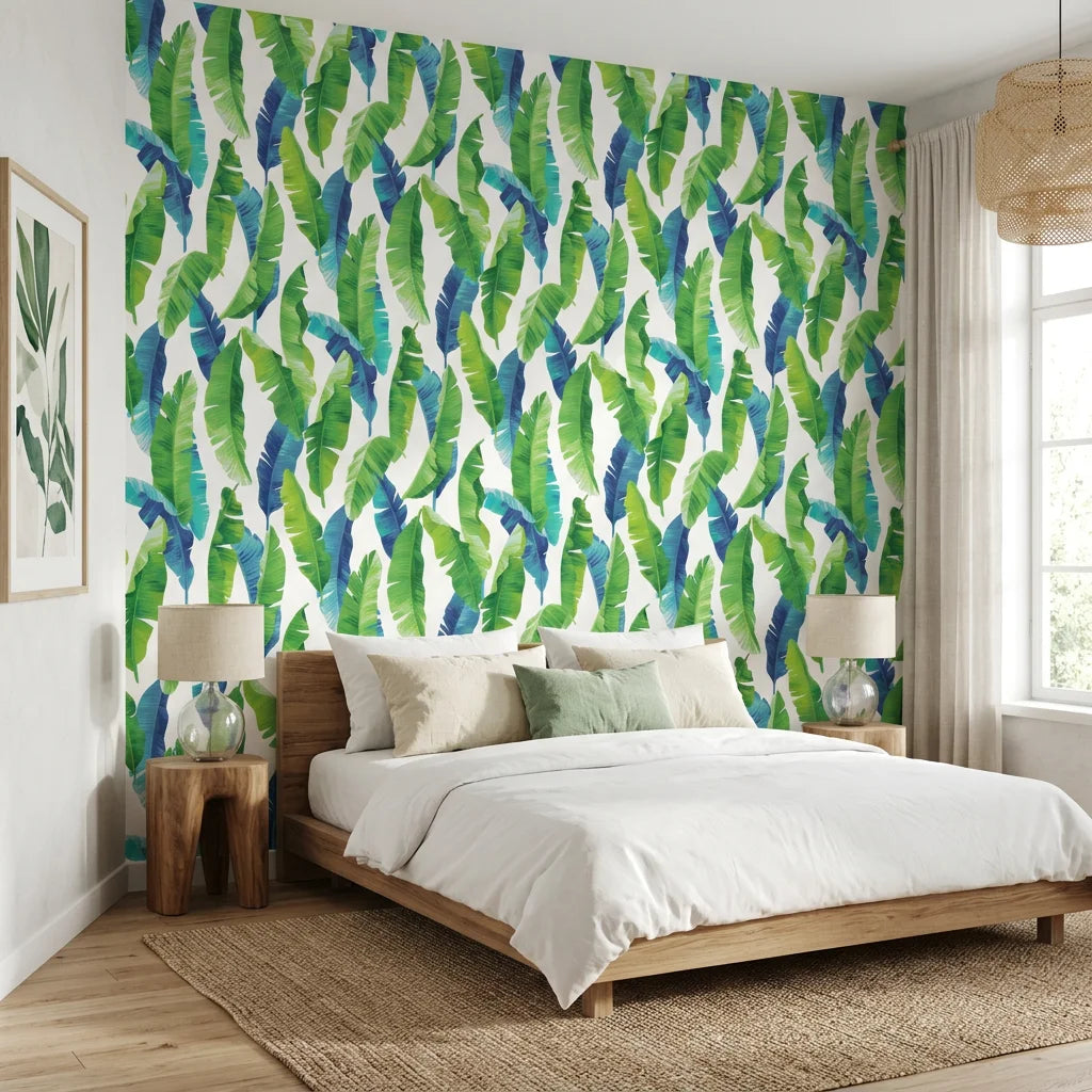 Jade Surge vibrant green banana leaf adding character to a cozy bedroom